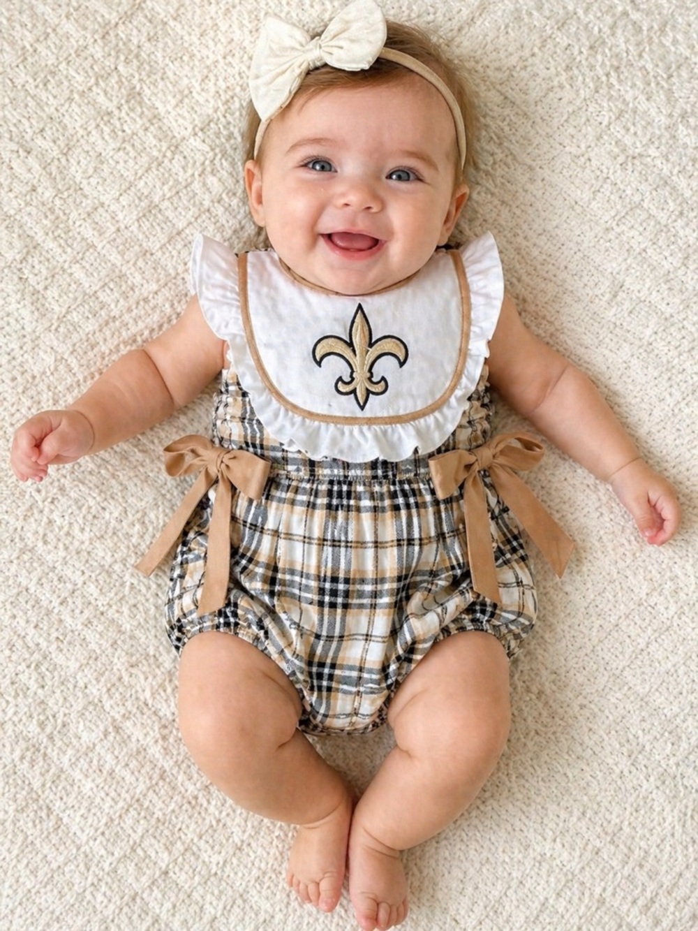 3-6M Miss Sew It All Fleur‎ De Lis Plaid Bubble Romper Boutique